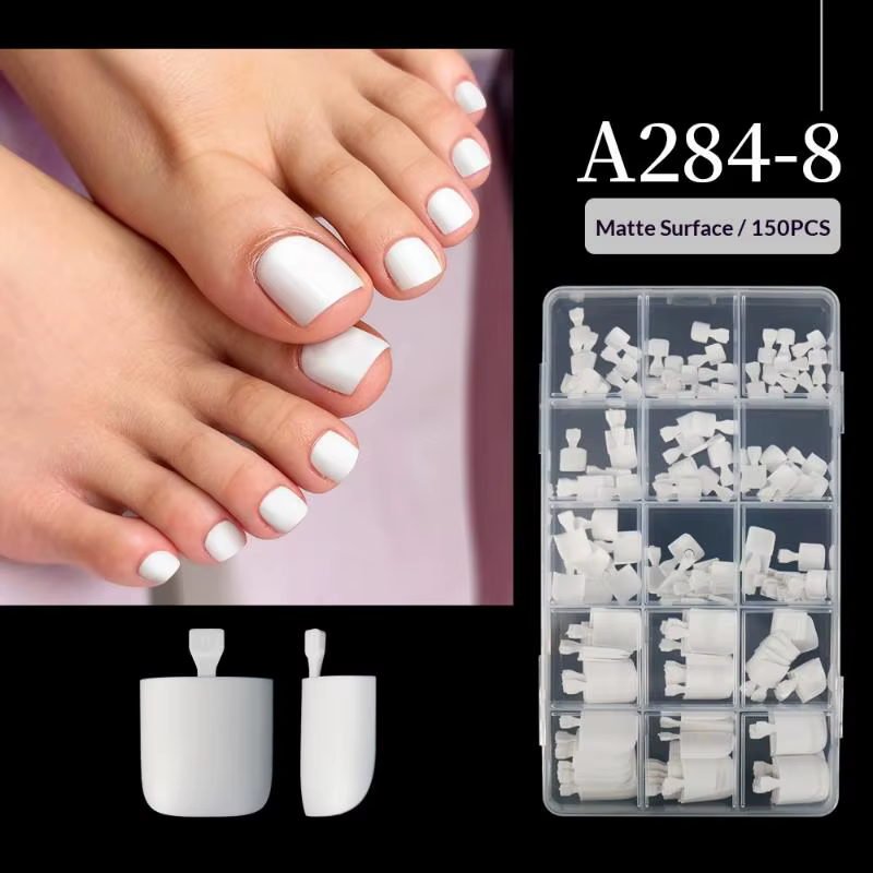 Nouveau lot de 150 faux ongles de pieds français, courts, carrés, brillants, couvrants, pour l'été, 