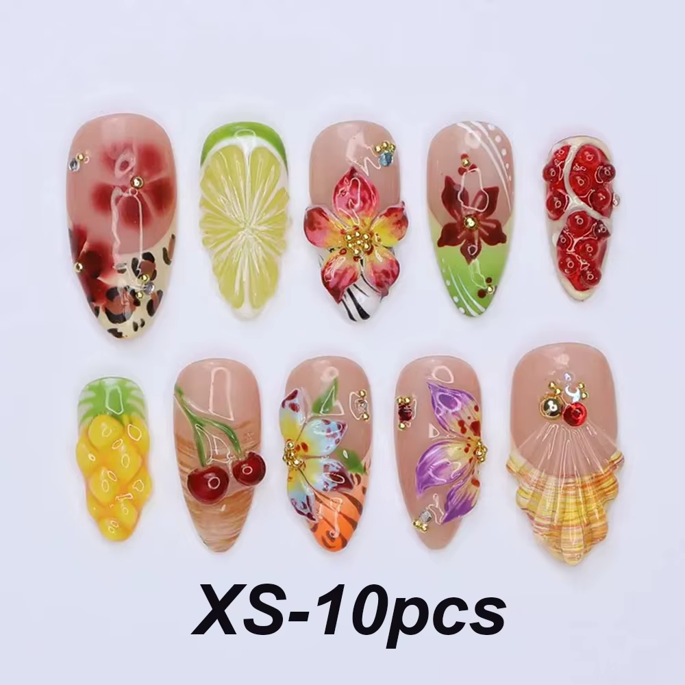 10/30 pièces Faux ongles à presser, motif verger tropical estival avec imprimé léopard et fleurs de 