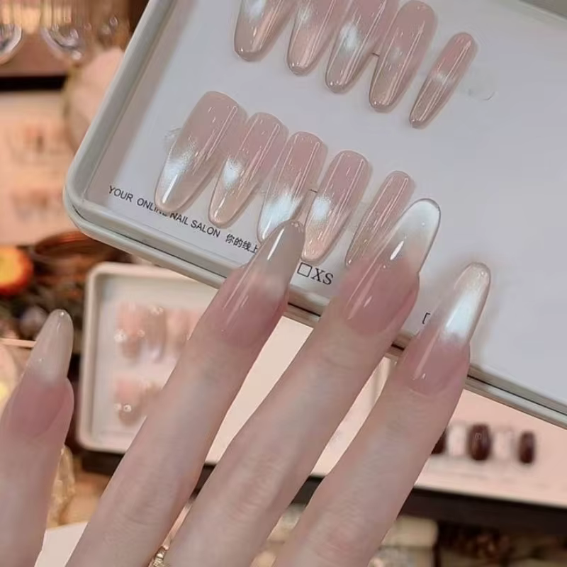 Handmade Press on Nails Nude Cat Eye Aesthetic False Nails Simple Long Spring Summer Nail Tips Stick