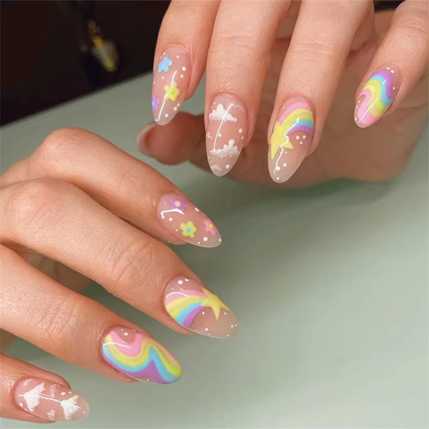 24 pièces/ensemble nouveau ovale presse sur ongles Patch portable ongles conseils mignon dessin anim