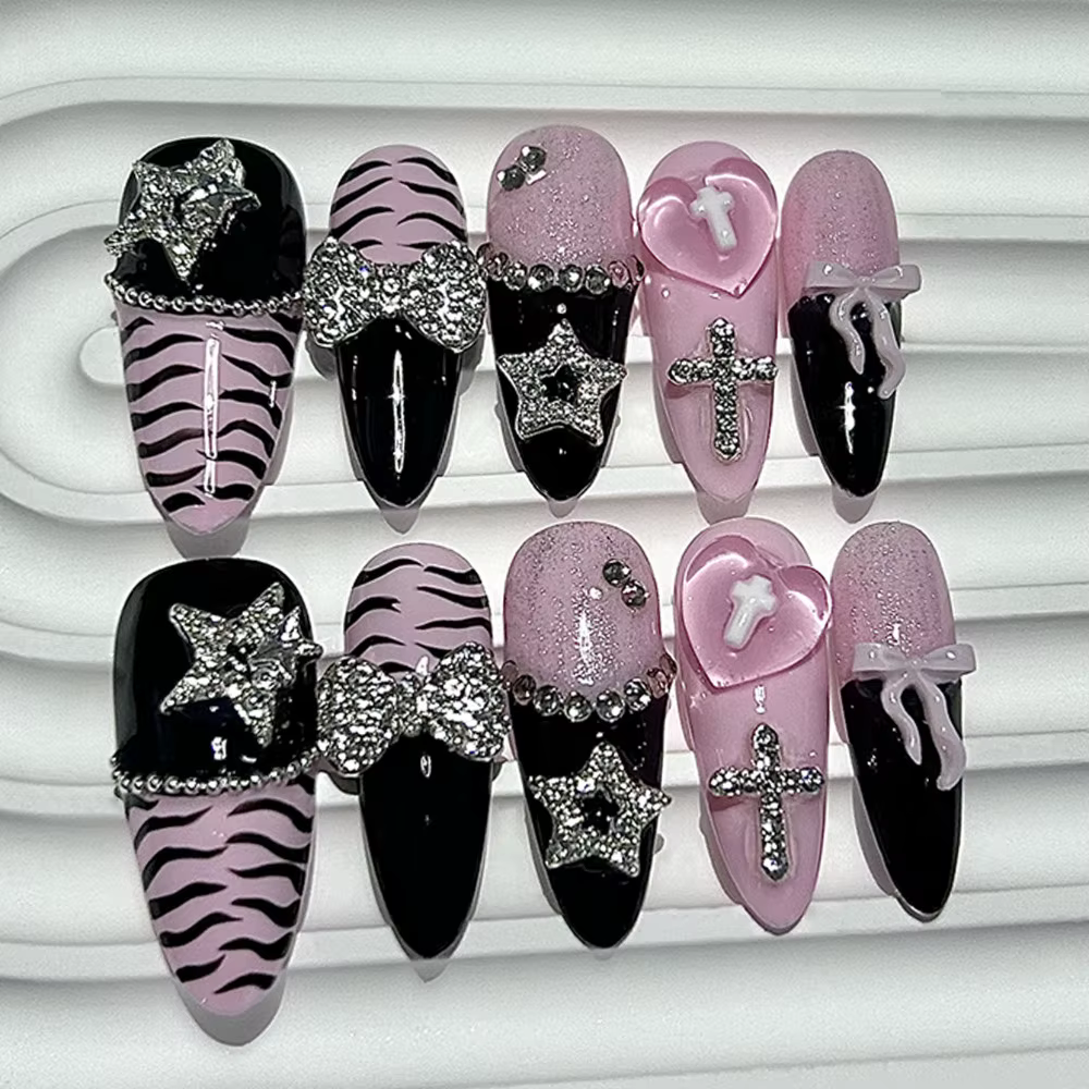 Y2K Baddie Gyaru noir rose longue pointe français presse sur ongles arc étoile croix amour Jirai Nai