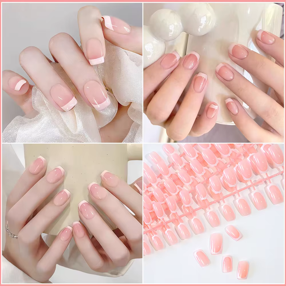 120 pièces = 24*5 français court carré cercueil faux ongles blanc rose Simple portable faux ongles b