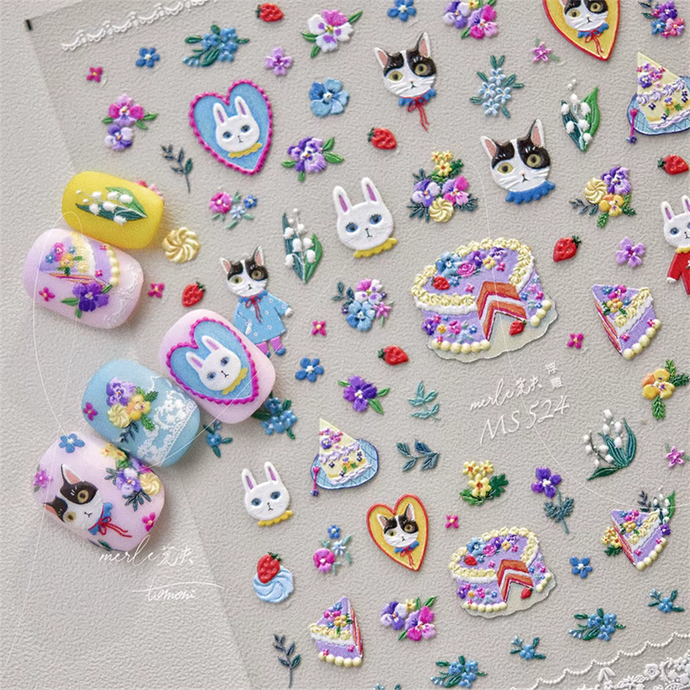 Autocollants 5D chat Kawaii pour Nail Art, 1 pièce, Relief, dessin animé japonais, gâteau rétro, ani
