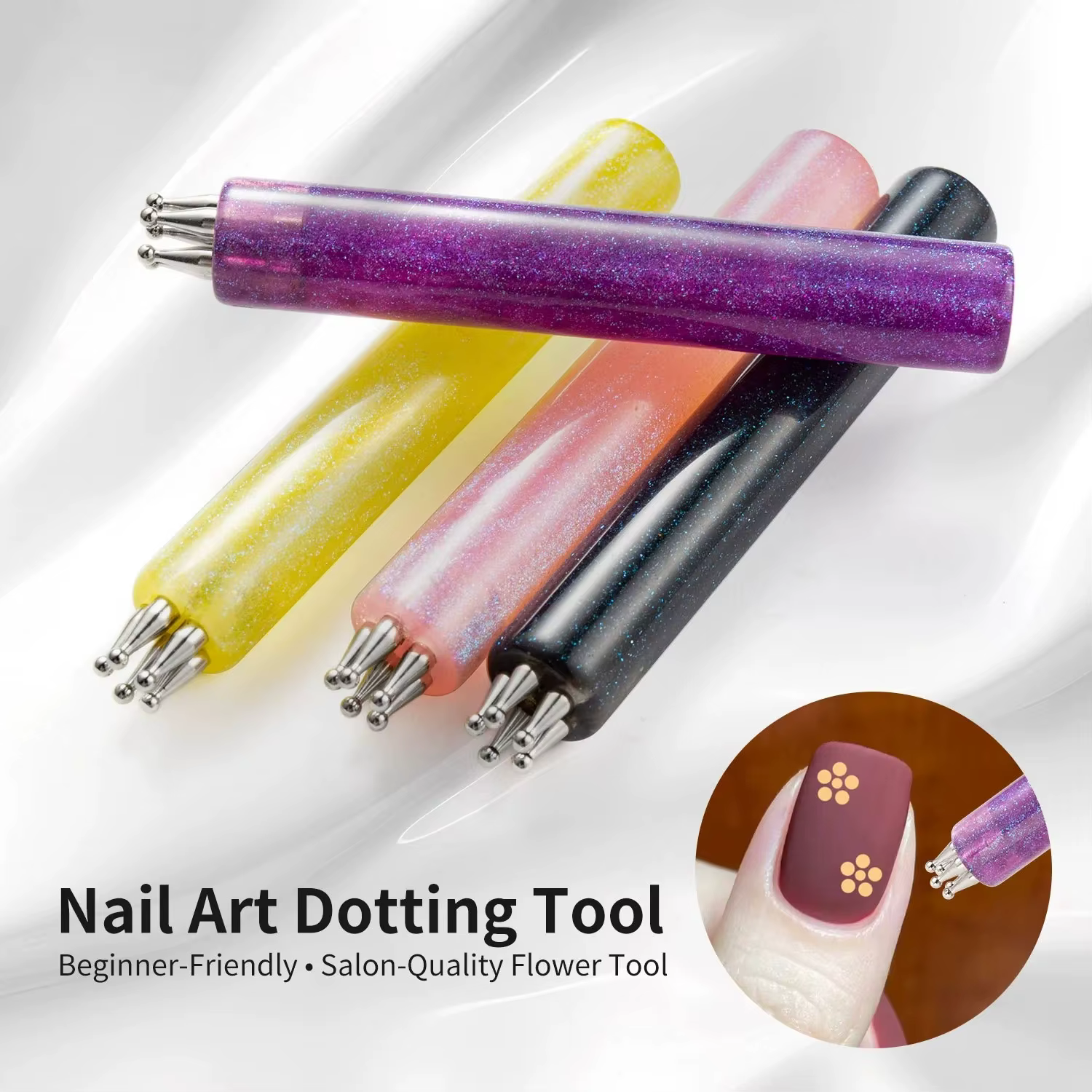Stylo à points pour nail art à 5 pétales, pointe fine, pinceaux pour strass, manche pailleté, outils