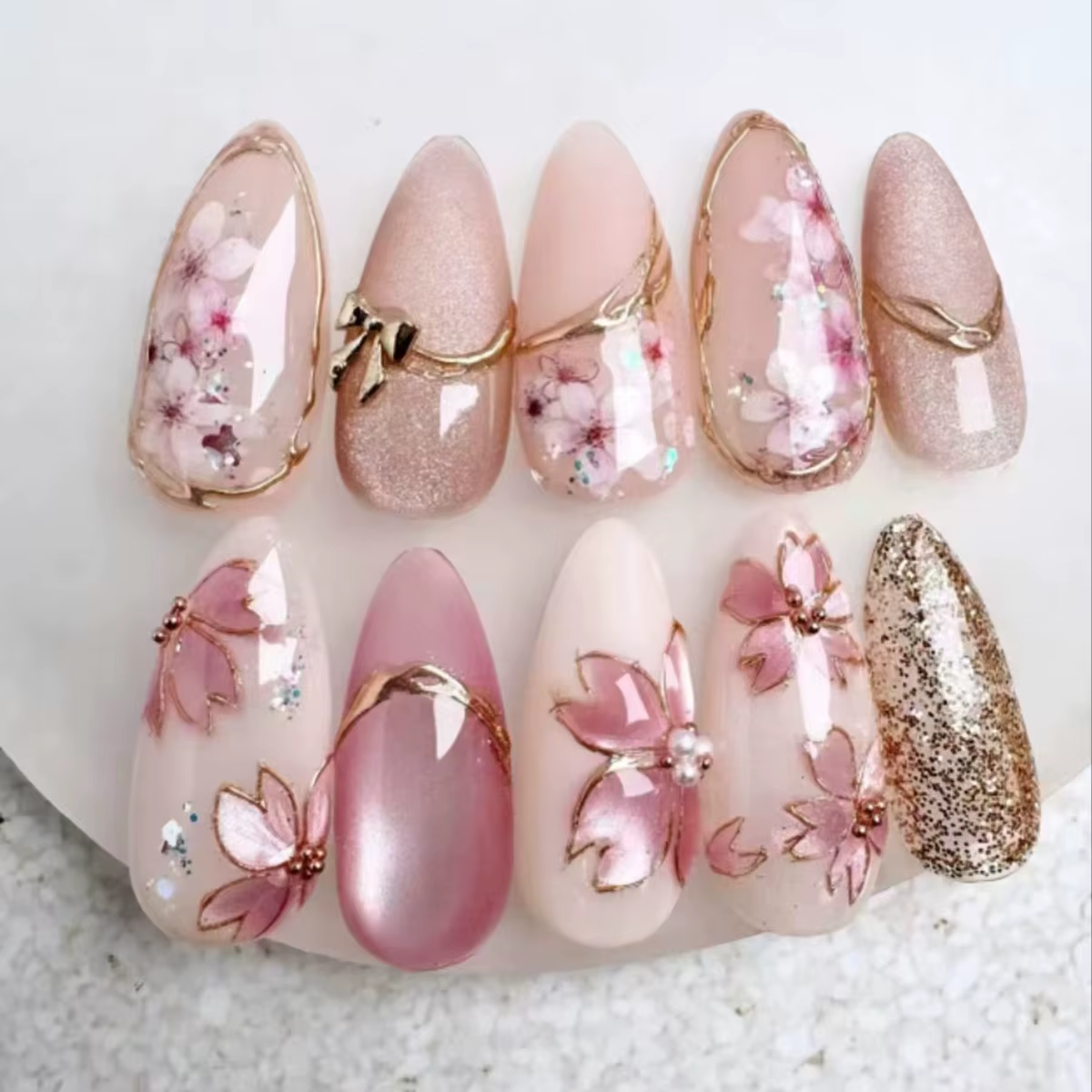 24 pièces rose amande presse sur ongles motif de fleur faux ongles portable ongles à coller faux ong