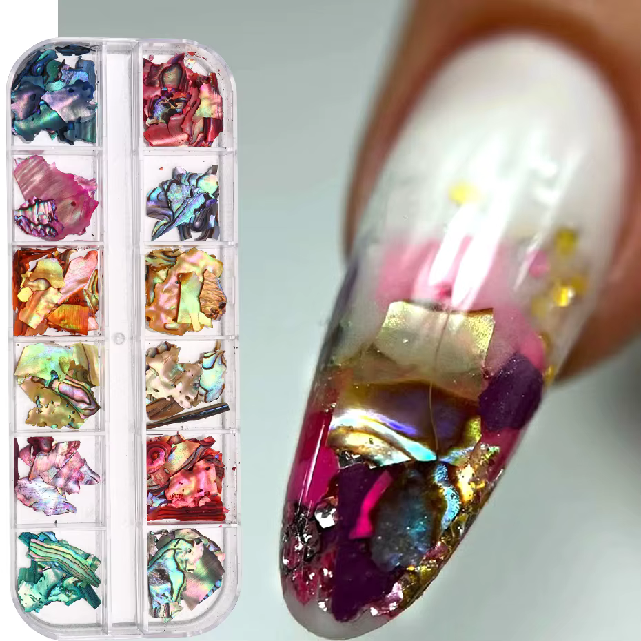 12 grilles de paillettes brillantes, flocons de coquille d'ormeau pour décoration Nail Art, breloque