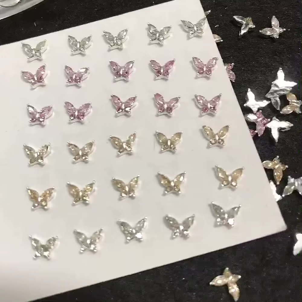 Mini breloques papillon en cristal pour Nail Art, diamant 3D, pièces de bijoux, rose, métal clair, m