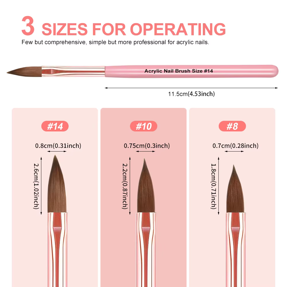 3 pièces 8/10/14 # Kolinsky acrylique brosse à ongles Poly Extension Gel brosse vernis à ongles sc