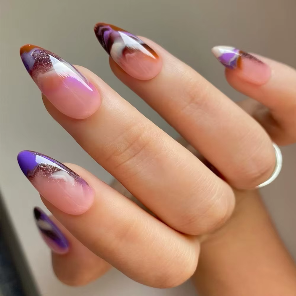 Faux ongles français roses avec colle, 24 pièces, motifs blancs simples, amande brillante, à pressio