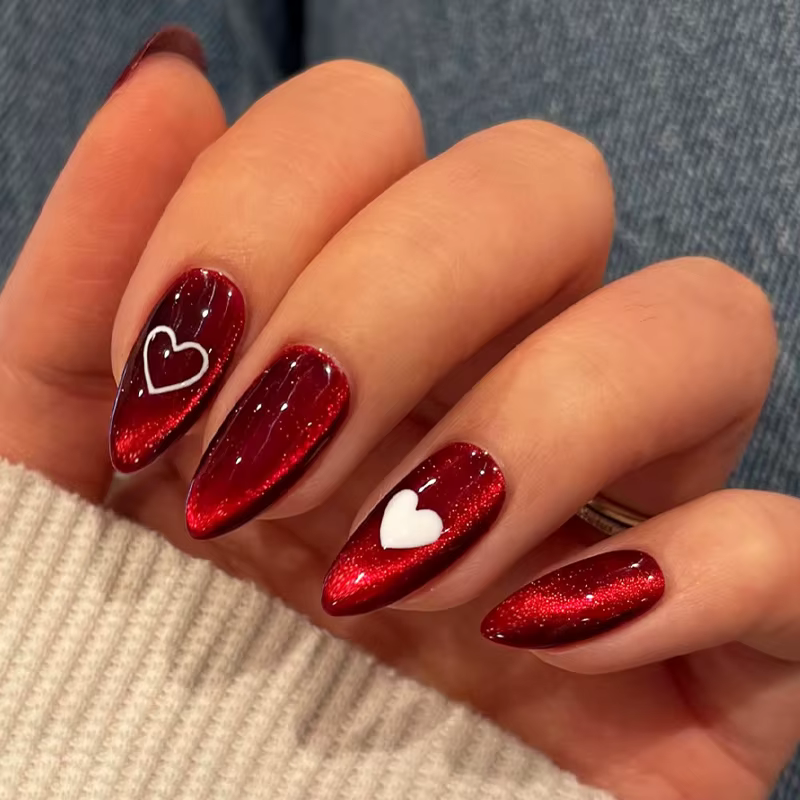 Faux ongles en forme d'oeil de chat rouge Rose, amande, manucure Simple, DIY, 24 pièces, à pression,