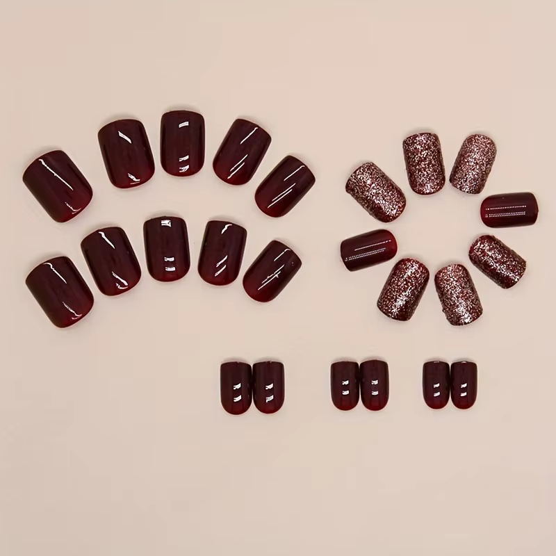 Faux ongles carrés courts et brillants, 24 pièces, presse rouge vin solide sur les ongles, faux ongl