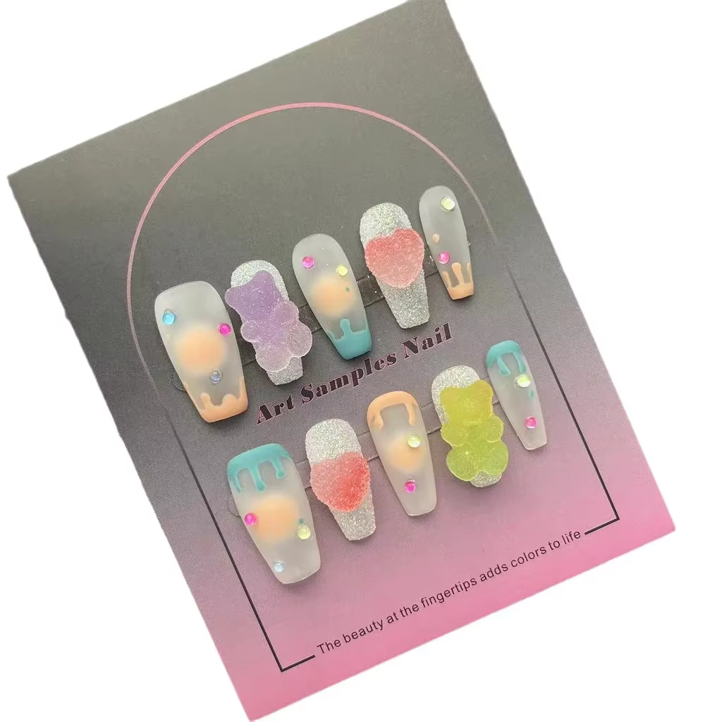 Faux ongles Y2K mignons, motif Ours Gomme Dopamine, faits main, à porter, style Ours Sucré, patchs d