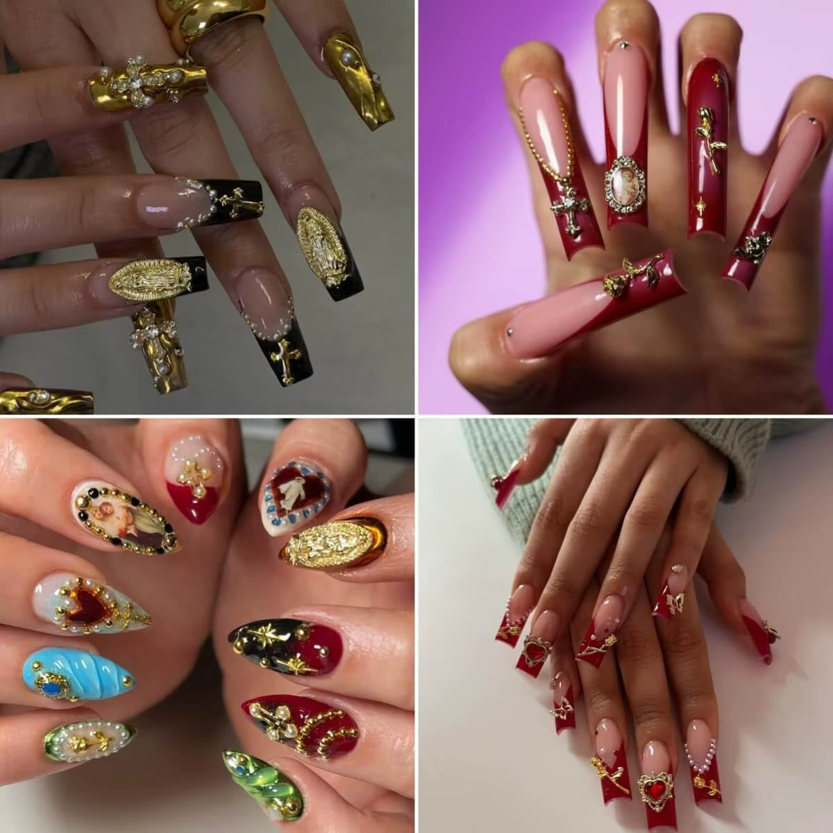 Ensemble de breloques pour ongles en or, 72 pièces, avec croix dorée, cœurs, roses et vierge marie,