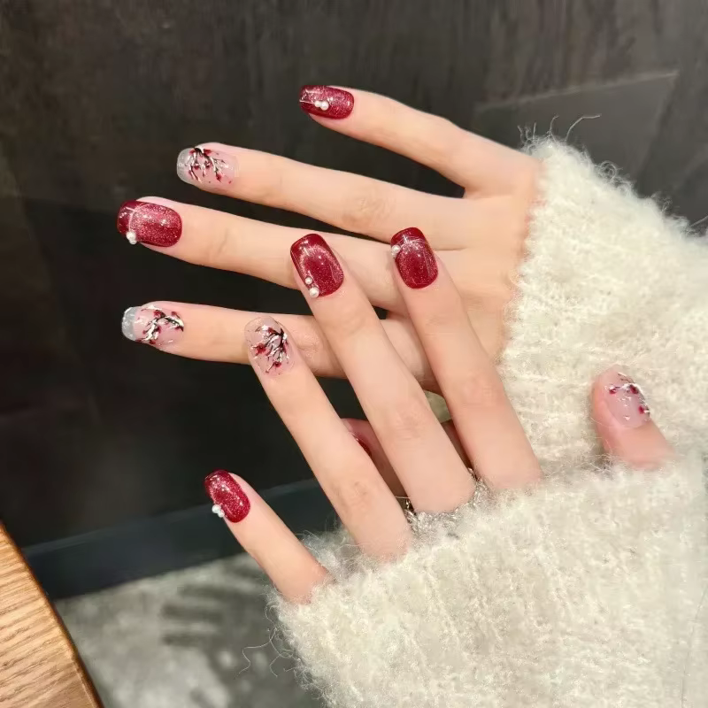 10 pièces oeil de chat rouge à la main presse sur ongles fleur faux ongles portable ongles à coller