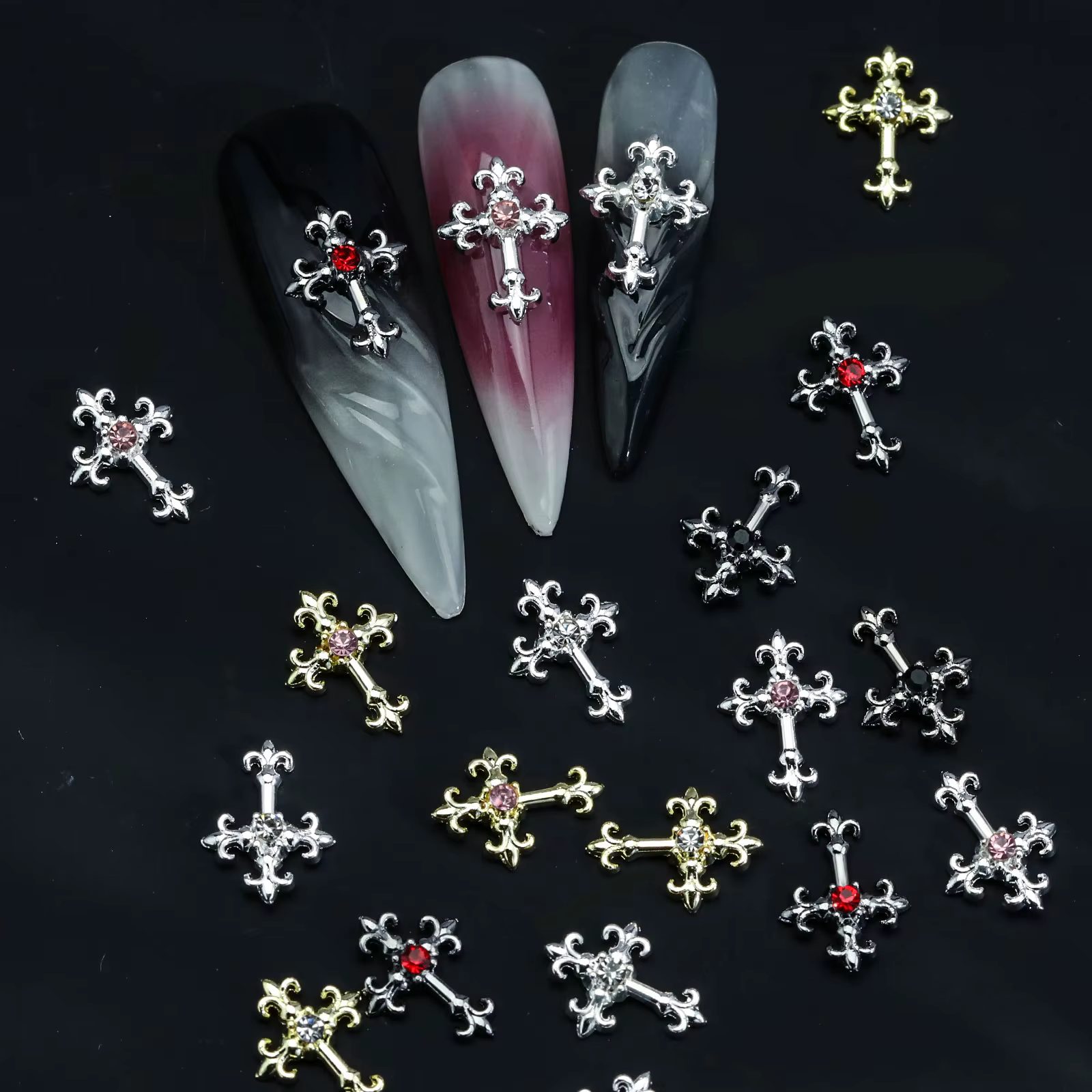 Strass en alliage rétro intégrés en zircon pour nail art, croix 3d Y2K, style gothique punk en métal