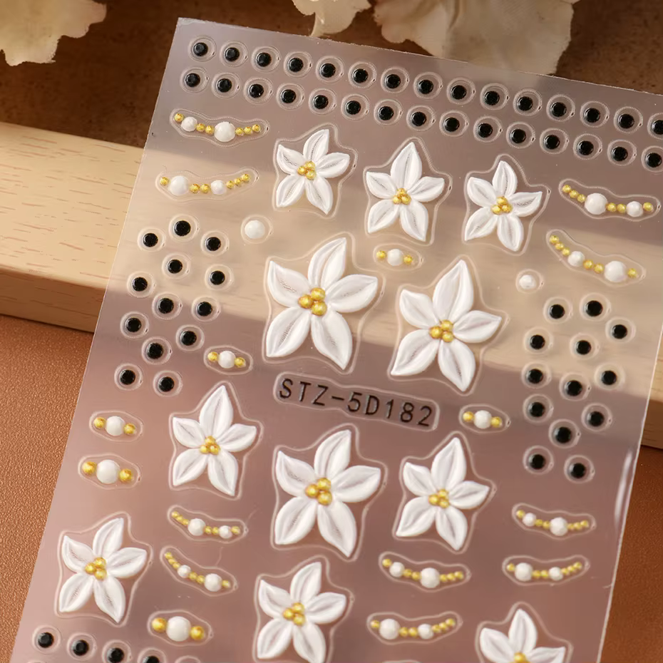 Autocollants pour ongles à motifs floraux tropicaux - Design floral blanc et à pois, autocollants à 