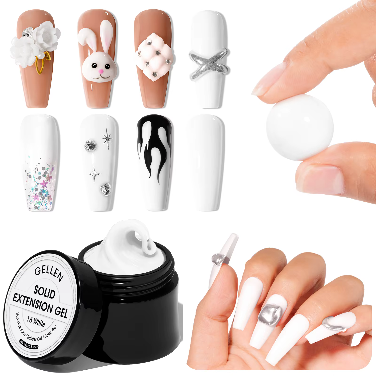 GELLEN Gel de modelage 3D blanc 30g, durcissement UV, gel solide non collant, gel professionnel pour
