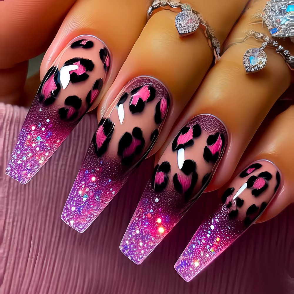 Faux ongles mi-longs pour femmes et filles Y2K, imprimé léopard dégradé coloré, pointes de cercueil 