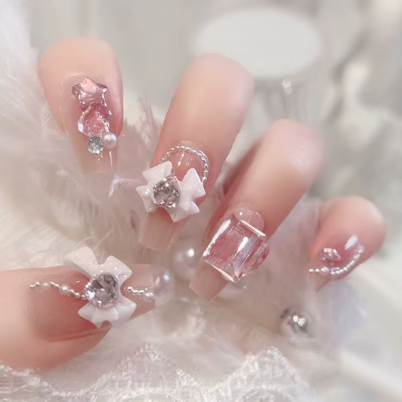 24 pièces faux ongles mi-longs 3D fleur perle conçoit couleur rose chair presse sur ongles ballerine
