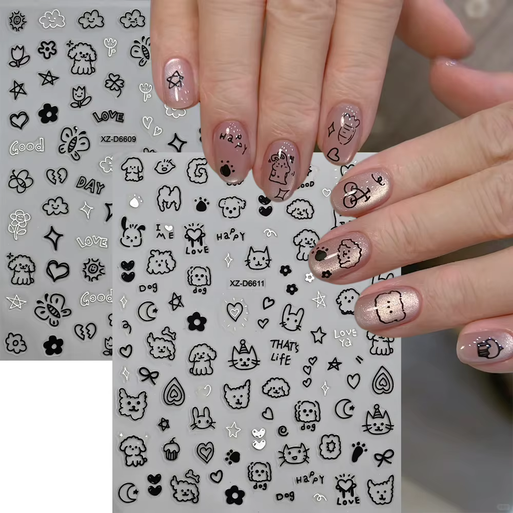 Ensemble d'autocollants pour ongles chat noir, 12 feuilles, dessin animé, Action Multiple, Kawaii, c