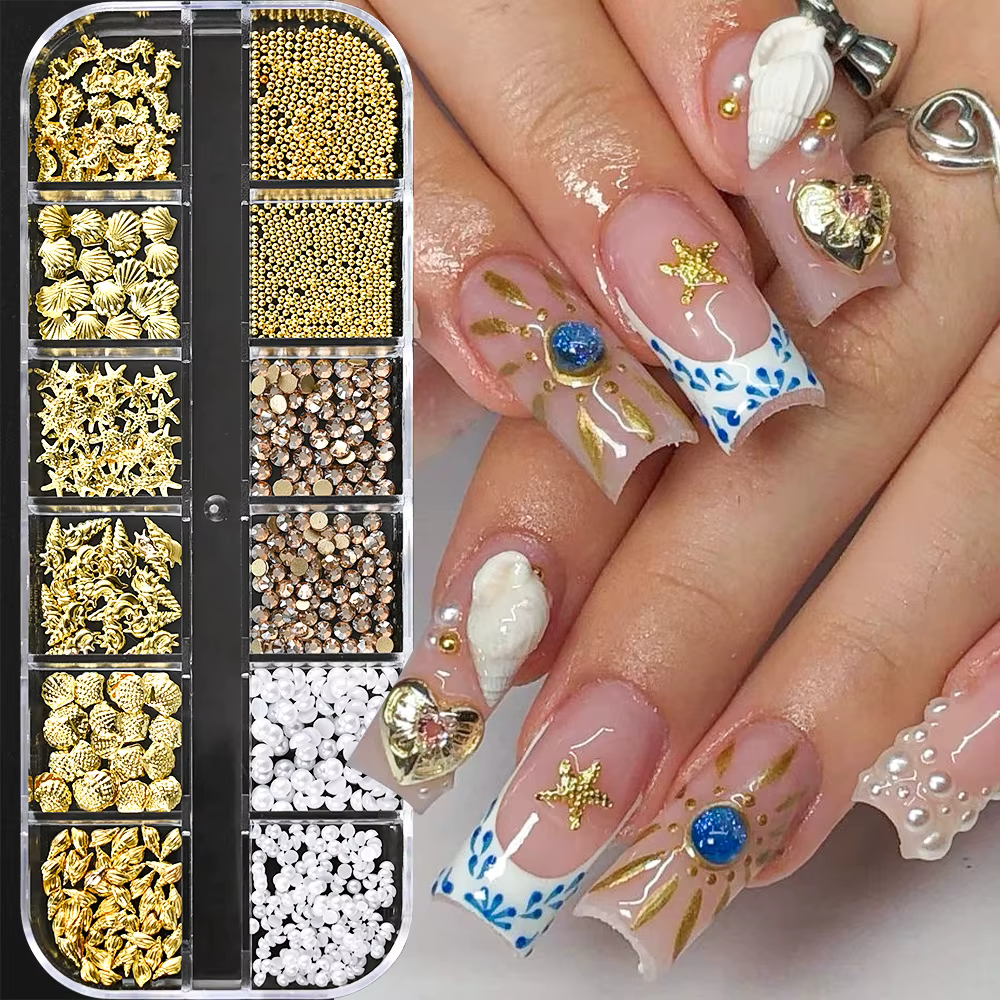 12 grilles océan or Nail Art breloques coquille/hippocampe/étoile de mer blanc demi-rond perle gemme