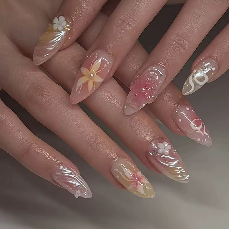24 pièces amande faux ongles conseils été plage ongles colorés ensembles avec perle fleur conception