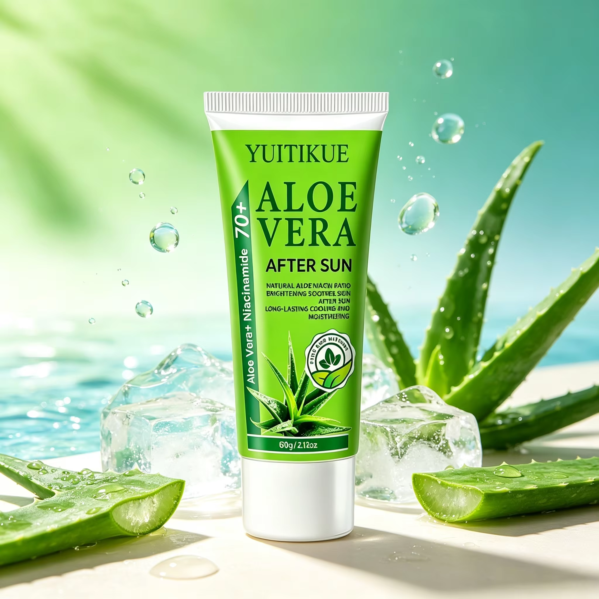 YUITIKUE 70+ Gel Après-Soleil à l'Aloe Vera et Niacinamide, Rafraîchissant, Apaisant, Hydratant Long