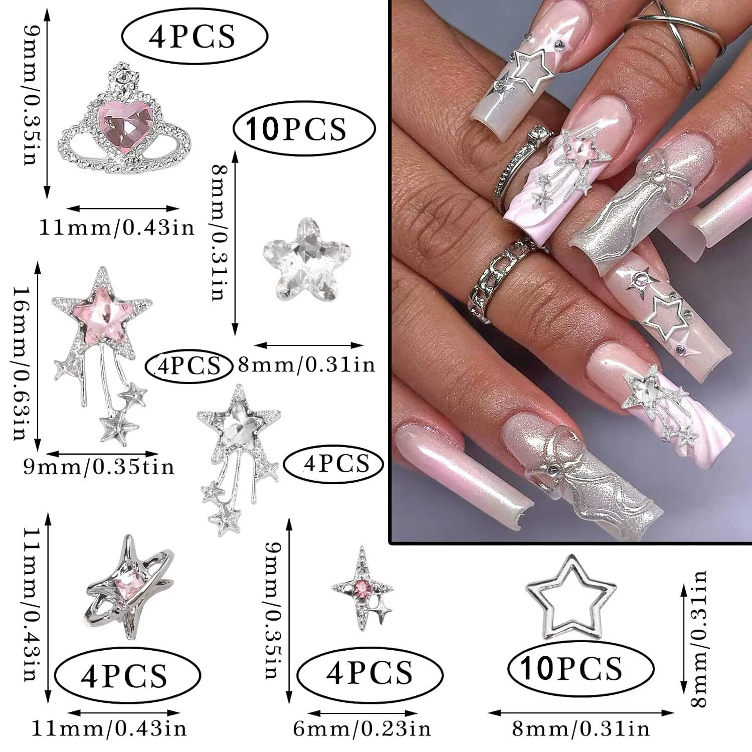 40 pièces étoile ongles breloques argent 3D étoile breloques rose ongles strass Multi Style Nail Art