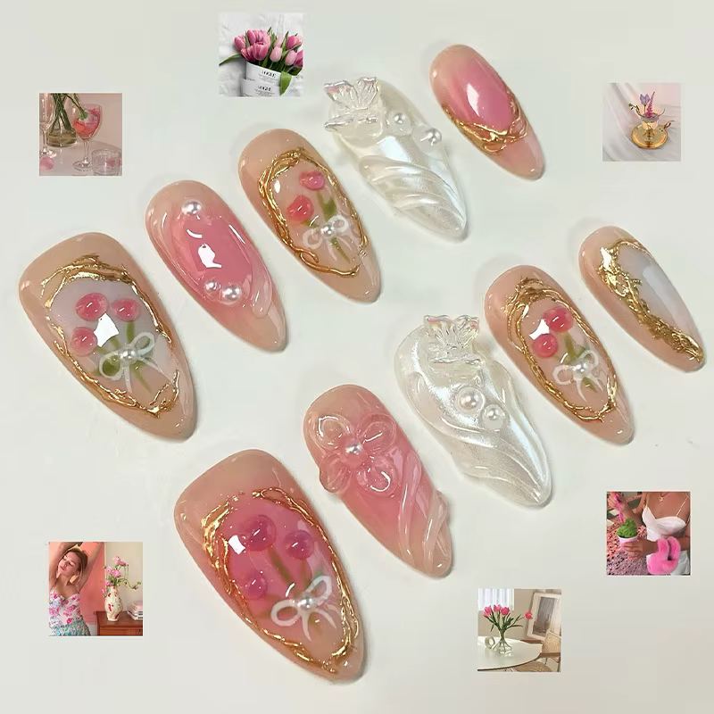 24 pièces flore amande presse sur ongles avec colle Mori fille Nail Art Ballet Style Rural couvertur