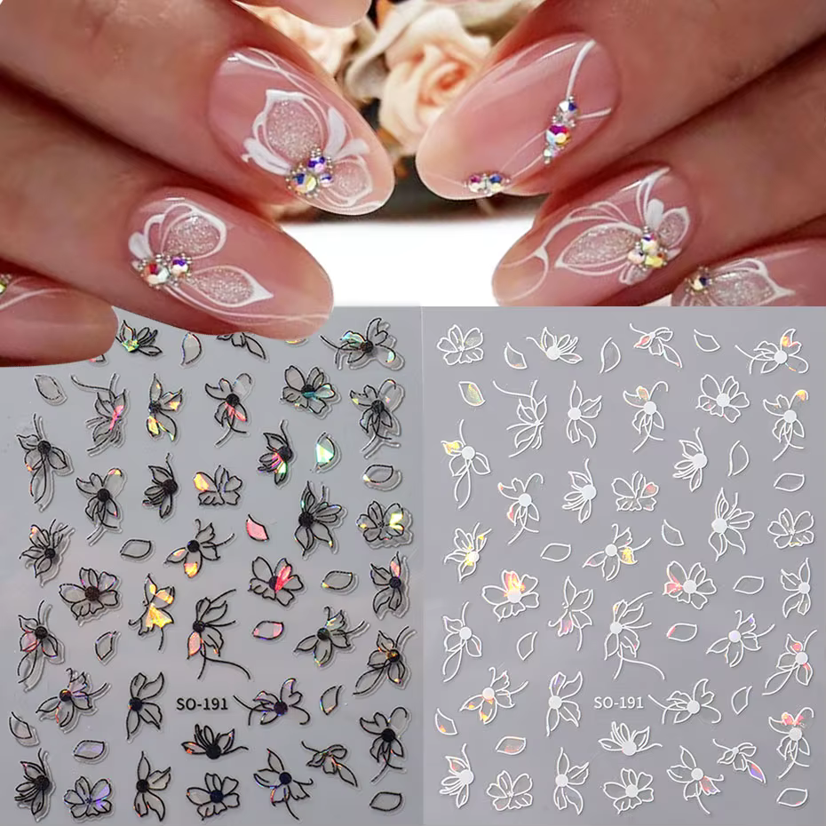 2 pièces 3D Laser noir blanc fleur décalcomanies abstraite rayure fleur pétales conception autocolla