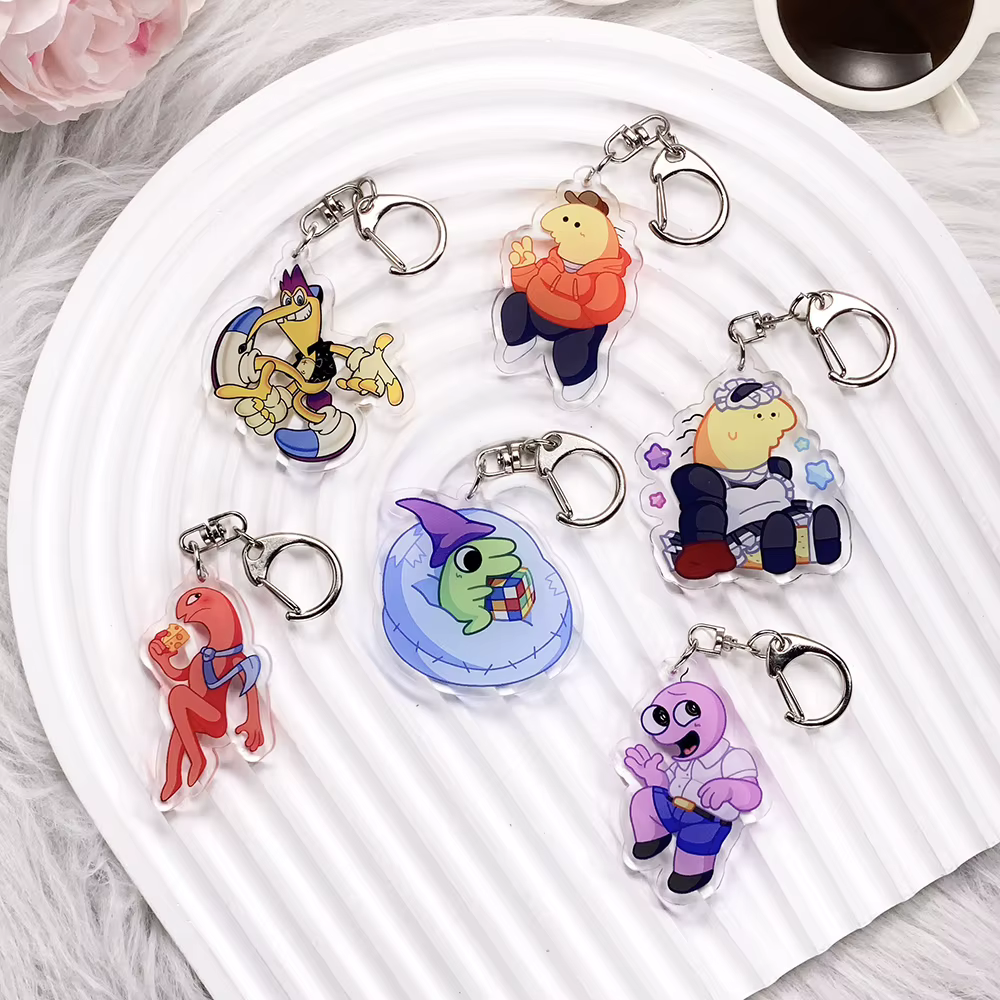 6 porte-clés de voiture en acrylique avec des amis souriants de dessins animés, accessoires amusants