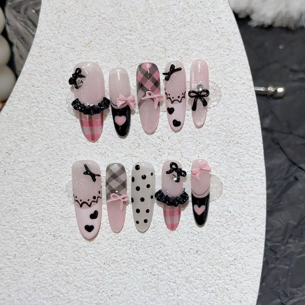 Noir rose doux français amande presse à la main sur les ongles grille à pois amour jupe Ballet faux 