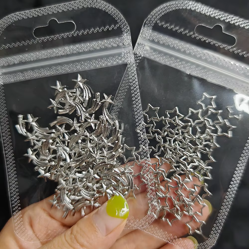 Breloques étoiles argentées pour ongles, bijoux métalliques 3D, gemmes météores évidées, décorations