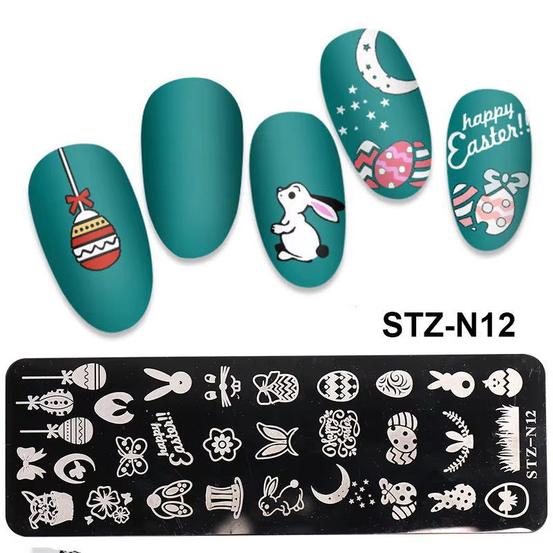 Plaques de stamping pour ongles de Pâques mignonnes, motifs de dessins animés (lapin, oreilles de la