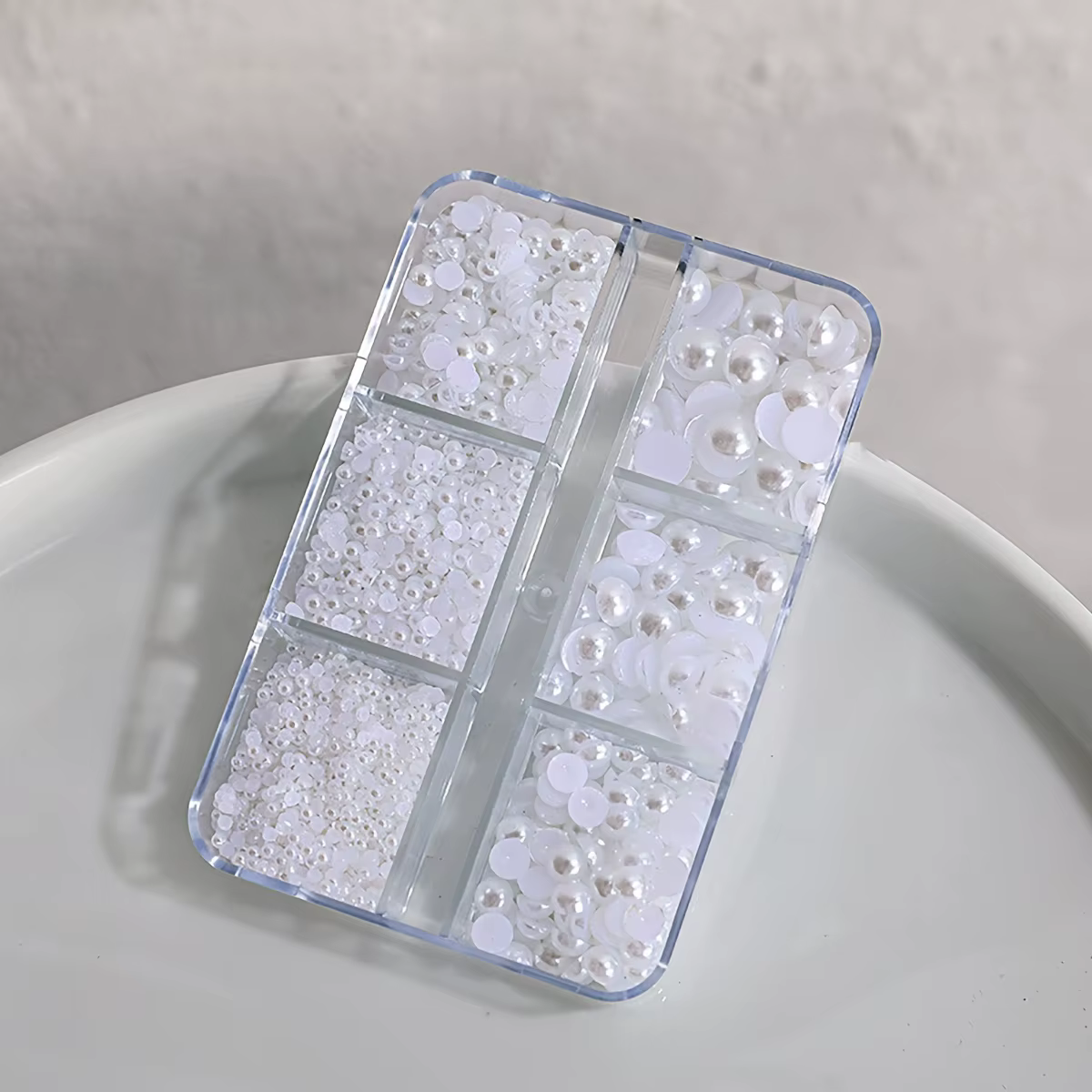 Perles à ongles blanches/Beige à dos plat, 6 grilles, pour décoration Nail Art, perles demi-rondes p