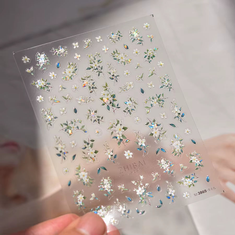 Autocollants pour ongles fleur de jasmin à paillettes 5D, 1 pièce, fleur en relief Kawaii, décoratio