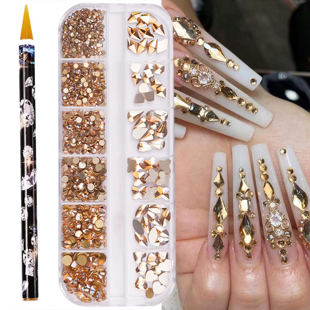 Strass diamant pour ongles or/Champagne, taille mixte 2-6mm, verre brillant à dos plat, gemmes en cr