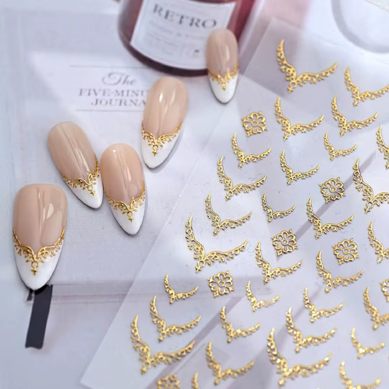Autocollants 3D en métal pour ongles, pointes en V, or, argent, rouge, noir, motif bohème, décalcoma
