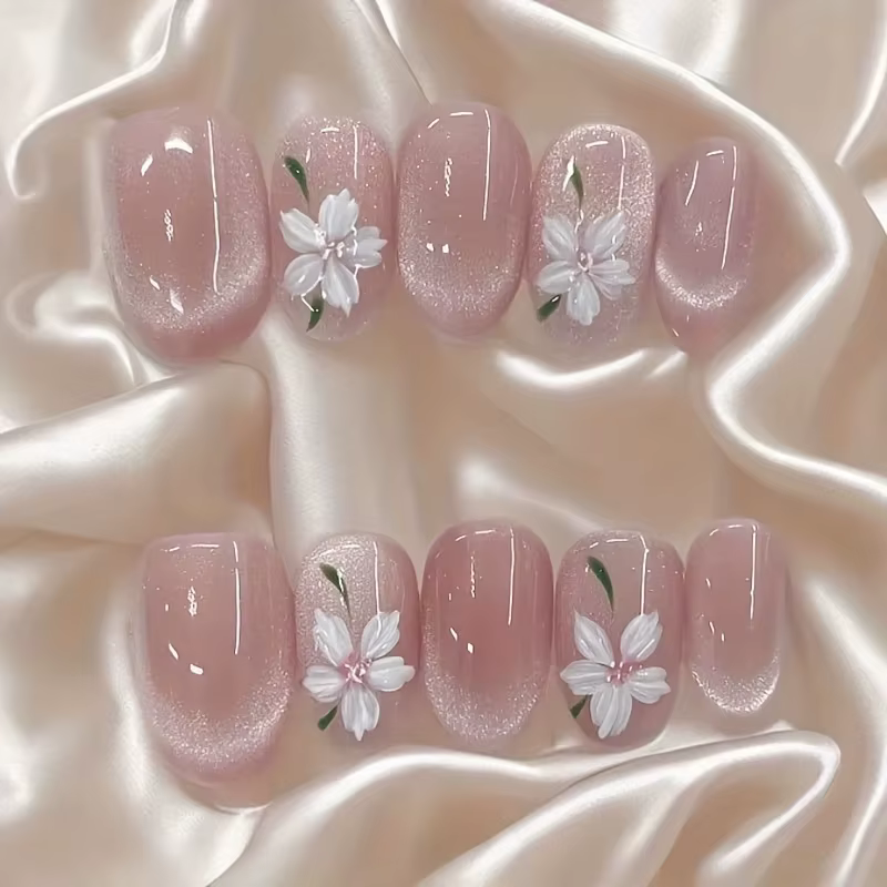 Faux ongles en forme d'oeil de chat rose peints à la main, haut de gamme, patchs de décoration d'ong