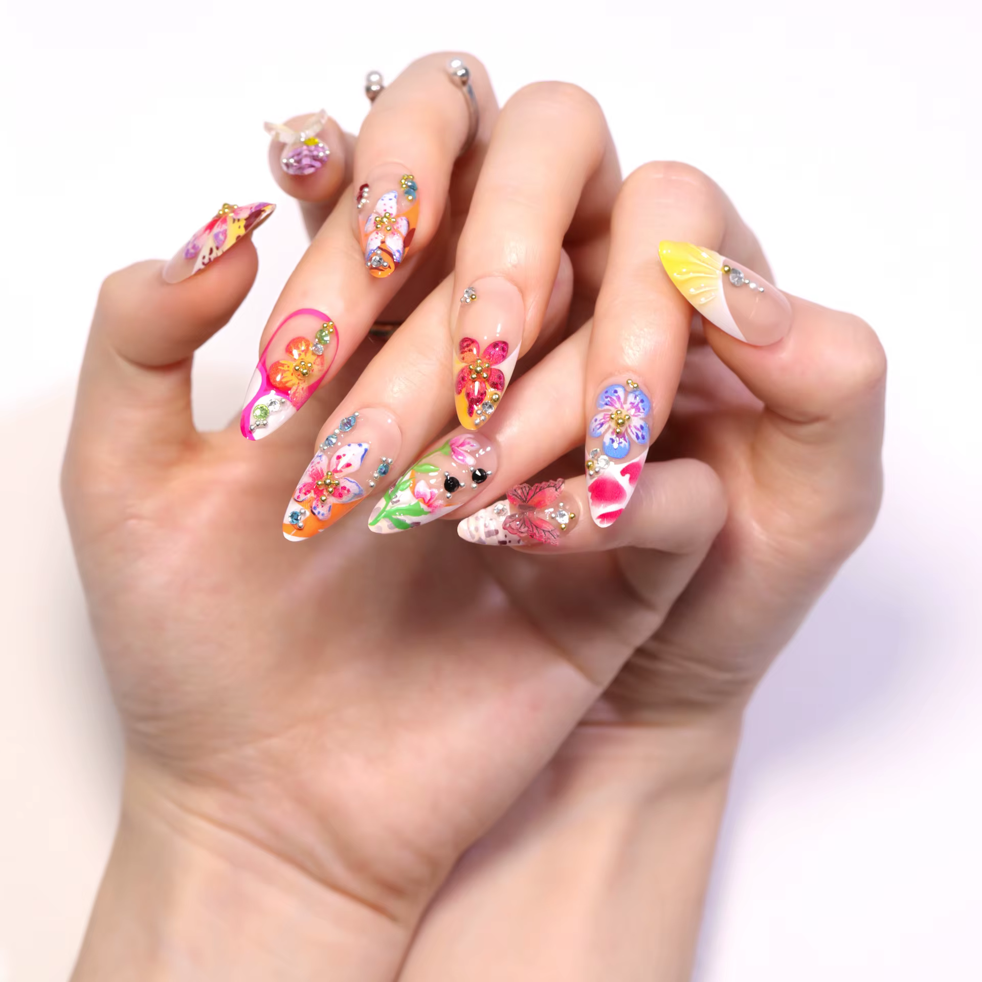 24 pièces fleur tropicale presse sur ongles coloré français 3D cristal papillon coquilles motif impr