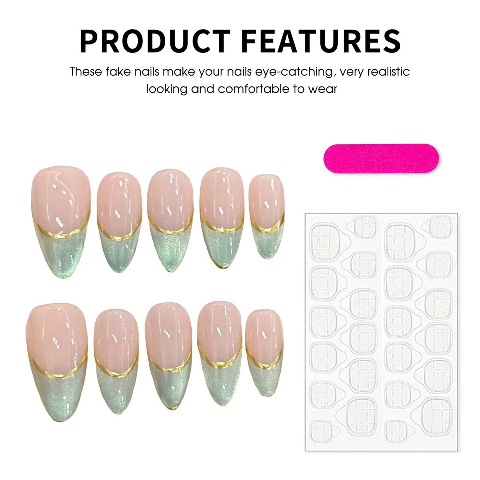 10 pièces presse à la main sur les ongles vert lait Style français perles de verre oeil de chat faux