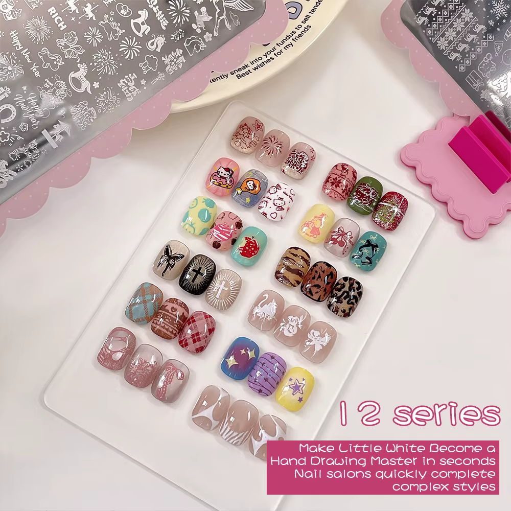 Kaniu – panneau d'impression d'ongles pour fille, cœur, fleur, bord ondulé, Rose, papillon, autocoll