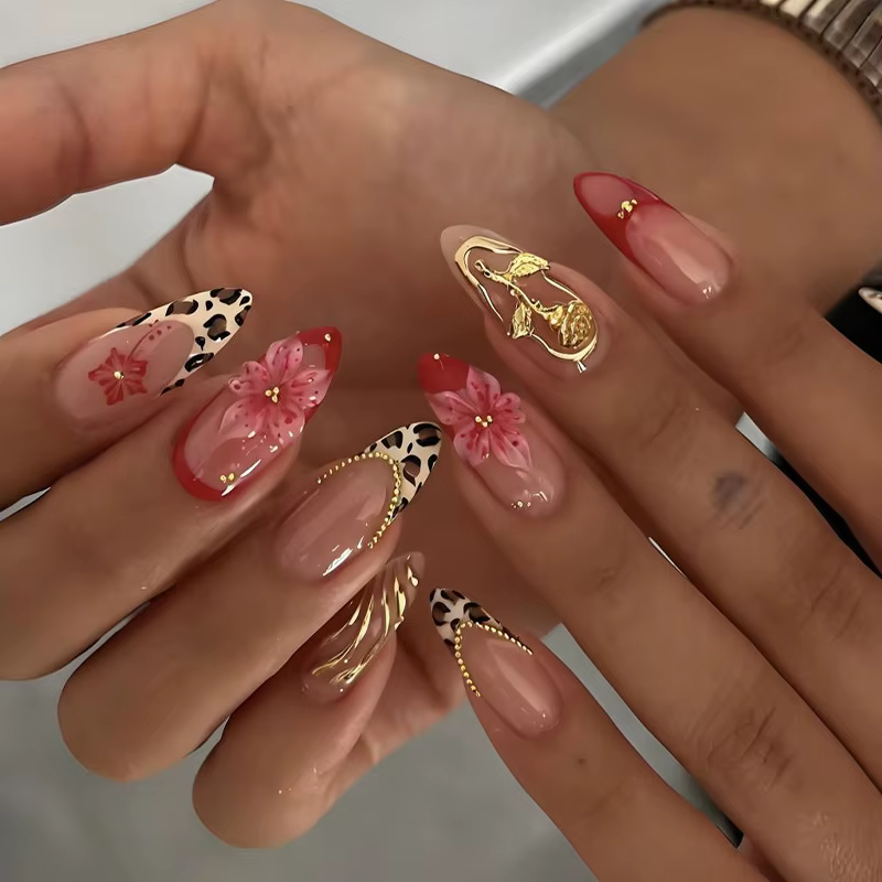 24 faux ongles en forme d'amande, imprimé léopard rose, fleurs, manucure française, rose doré 3D, nu