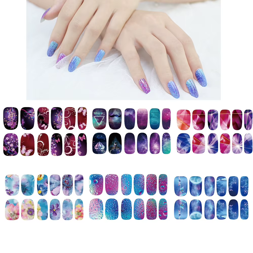 Autocollants de vernis à ongles auto-adhésifs, 6 feuilles, enveloppe complète vibrante, pour bricola