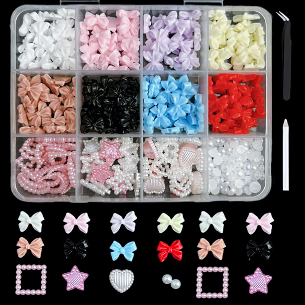 1 boîte mixte blanc perle arc Nail Art breloques doux nacré nœud papillon coeur ongles strass manucu