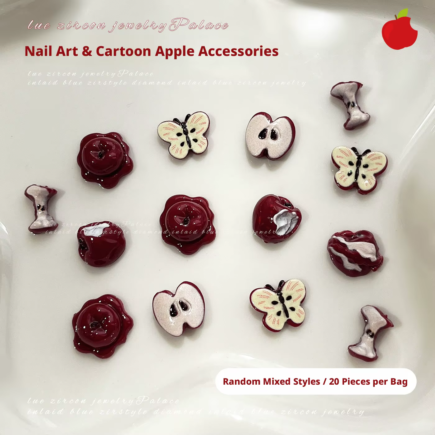 20 pièces MIX de breloques pour ongles en forme de pomme rouge mignonne, décorations 3D en résine en