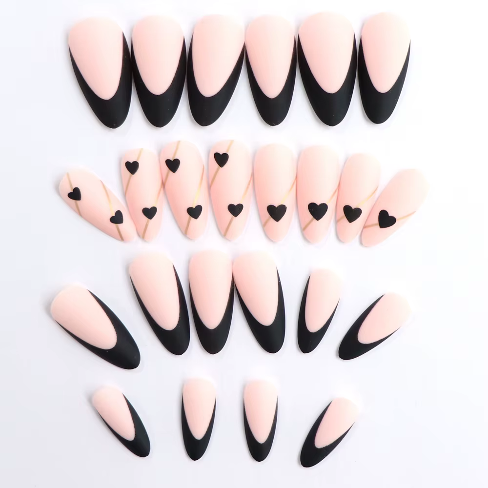 Faux ongles en amande à bord français noir, 24 pièces, avec motif cœur et ligne, faux ongles en acry