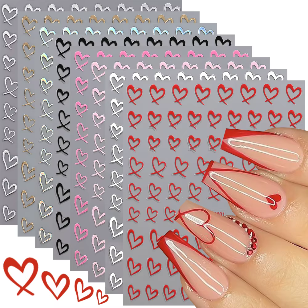 Autocollants pour ongles 3D français, 8 couleurs, cœur d'amour, creux, chérie, adhésifs, décalcomani