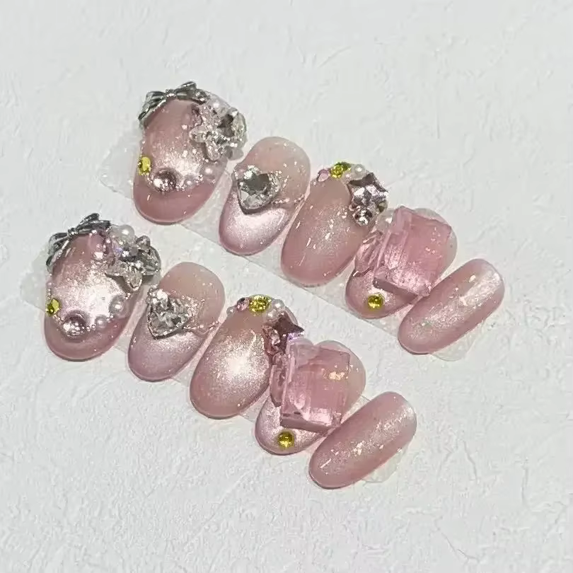10 pièces court fait à la main rose presse sur les ongles printemps français strass couverture compl