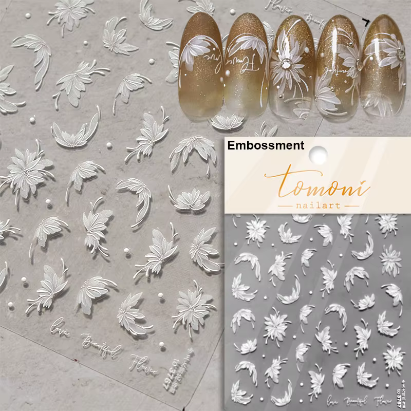Autocollants pour ongles translucides 5D, haute qualité, en relief, blanc pur, perle dahlia, strass 